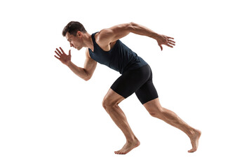 Athletic man sprinting in starting acceleration pose on isolated white background, fitness training and speed performance concept for sports advertising and exercise motivation