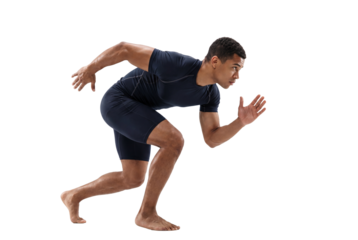Athletic man sprinting from starting stance in studio on white background, fitness training and speed workout concept for sports performance and motivation campaigns