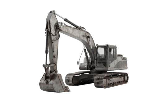 Heavy excavator with bucket on crawler tracks isolated on white, industrial construction equipment for earthmoving, demolition and infrastructure projects marketing or training materials