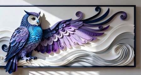 Stunning paper art owl with vibrant colors and exquisite detail, perfect for adding a touch of creativity and elegance to any space, a unique statement piece