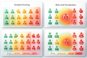 Visual representation of symptom scoring and risk level visualization in a health assessment framework showcasing varied severity levels and emotional states contributing to medical
