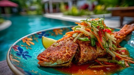 Exotic whole fried fish with vibrant salad and lime wedge at poolside restaurant offers a taste of paradise and luxurious dining experience