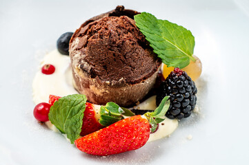 Chocolate cocoa cake dessert served with fresh berries, mint leaves and a creamy white sauce. Elegant restaurant-style plating with vibrant colors and refined gourmet presentation.