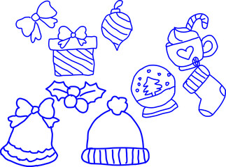 Hand-drawn blue Christmas doodle icons featuring gift box, bows, holly, winter hat, stocking, ornament, snow globe and hot cocoa mug with candy cane on a white background.
