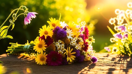 Stunning wildflower bouquet basking in golden sunlight, bringing a touch of summer joy and vibrant color to your designs with natural beauty