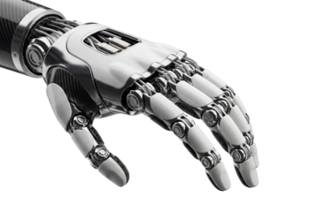 Futuristic robotic hand reaching forward on white background, advanced prosthetic technology and mechanical engineering concept with chrome joints, carbon fiber shell, and visible actuator detail
