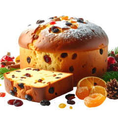 Tall festive raisin cake with powdered sugar slice, orange, greenery