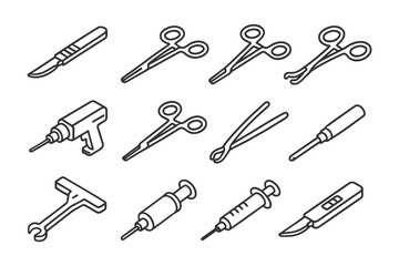 Naklejka premium Collection of surgical and medical instruments in line art style.