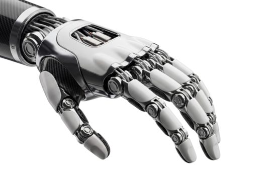 Futuristic robotic hand reaching forward on white background, advanced prosthetic technology and mechanical engineering concept with chrome joints, carbon fiber shell, and visible actuator detail