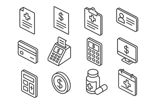 Isometric healthcare and finance icons: medical, payment, insurance, prescription, billing.