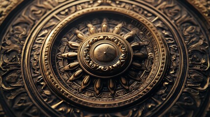 Obraz premium Closeup of an ancient, ornate bronze medallion featuring a central sunburst design with intricate detailed carving and dark patina