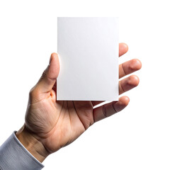 Hand holding a blank white card with a black background