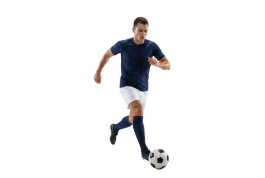 Male soccer player dribbling ball in studio on black background, athletic action and competitive sports concept for training, fitness promotion and team game advertising - Powered by Adobe