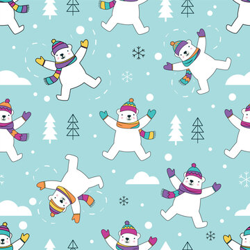 Cute Polar Bears Making Snow Angels Winter Play Seamless Pattern