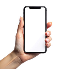 Holding smartphone. Blank, white screen on black background. Simple