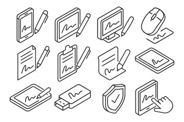 Isometric digital signature icons with devices and accessories.