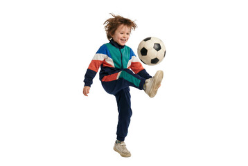 Happy child kicking soccer ball in mid air on isolated background, active youth sports and playful energy for school physical education and healthy lifestyle concepts