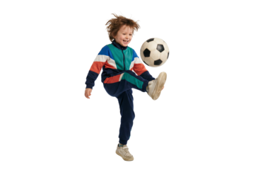 Happy child kicking soccer ball in mid air on isolated background, active youth sports and playful energy for school physical education and healthy lifestyle concepts
