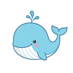 Cute cartoon blue whale spouting water with a happy expression and pink cheeks, isolated on white background, playful marine life illustration