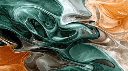 An abstract digital artwork featuring flowing, fluid forms in shades of teal, orange, white, and black, creating a dynamic and artistic composition.