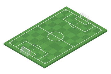 Isometric soccer field with marked lines and goals on green checkered turf, sports stadium layout for strategy, coaching diagram, and game planning visuals