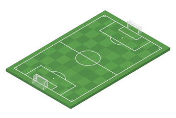 Isometric soccer field with marked lines and goals on green checkered turf, sports stadium layout for strategy, coaching diagram, and game planning visuals