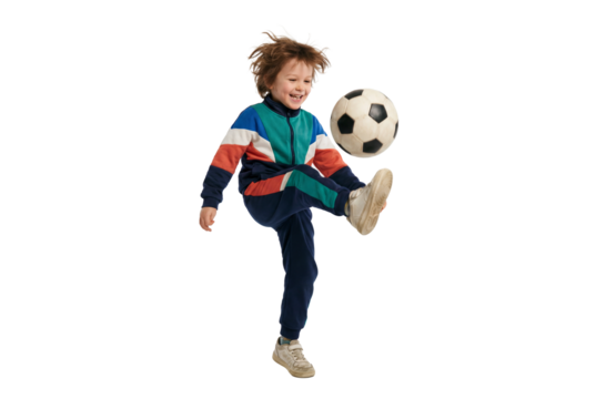 Happy child kicking soccer ball in mid air on isolated background, active youth sports and playful energy for school physical education and healthy lifestyle concepts
