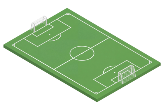Isometric soccer field with white markings and two goals on green pitch, sports diagram for coaching strategy, training layout and match planning illustration