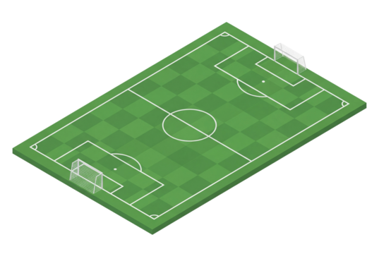 Isometric soccer field with marked lines and goals on green checkered turf, sports stadium layout for strategy, coaching diagram, and game planning visuals