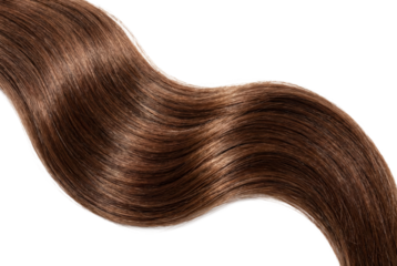 Wavy lock of shiny brown hair curving on white background, beauty concept for salon color, haircare advertising and product packaging mockup