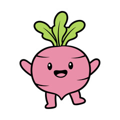 Cute Cartoon Radish Character With Happy Face Arms Raised And Green Leaves In Simple Vector Art Style On Black Background