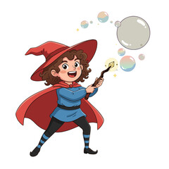 Cute Cartoon Witch Girl Character Holding Wand Conjuring Bubbles With Candle Flame Hair And Red Cape And Hat Spooky Halloween Illustration Style