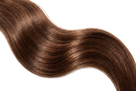 Wavy lock of shiny brown hair curving on white background, beauty concept for salon color, haircare advertising and product packaging mockup