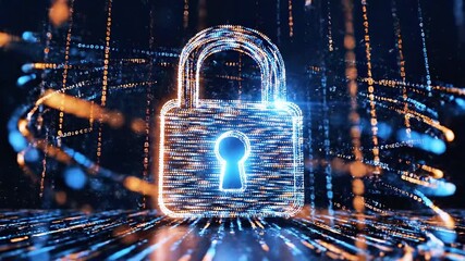 A futuristic digital padlock graphic, glowing with blue and orange streams of data, on a black background