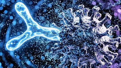 A detailed 3D illustration shows a clash between an antibody and a virus particle - Powered by Adobe