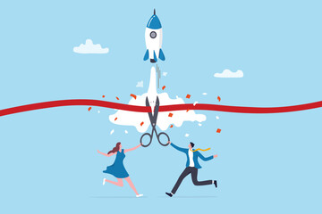 Launching company start new business, begin entrepreneur business or enterprise company founder, corporate or startup rocket project, businessman cutting ribbon to start company rocket launching.