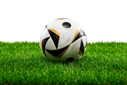 Classic soccer ball resting on green grass turf with copy space, sports equipment concept for training, match day promotion and youth league practice outdoors