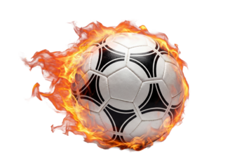Soccer ball engulfed in dynamic flames on white background, sports energy and speed concept for competition, goal celebration and football marketing visuals