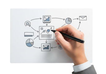 Gender-neutral hand holding a black marker sketches an abstract strategic diagram on a transparent surface under studio lighting, concept of strategic problem-solving