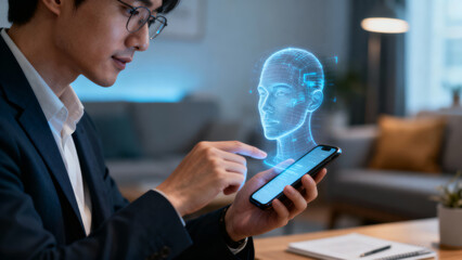 Focused man uses artificial intelligence for deepfake detection. This futuristic security technology hologram protects