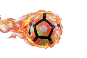 Soccer ball blazing with dynamic flames on white background, high energy sports concept for speed, power and competition in football advertising and training motivation