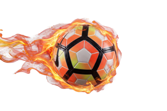Soccer ball blazing with dynamic flames on white background, high energy sports concept for speed, power and competition in football advertising and training motivation