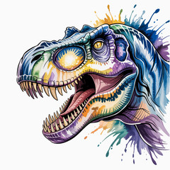A vibrant and stylized depiction of a Tyrannosaurus Rex showcases its fierce expression and intricate details, merging creativity with the grandeur of dinosaurs. © Jinliu