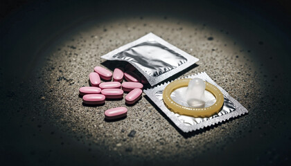 Pink pills and condom packages on a textured surface in darkness