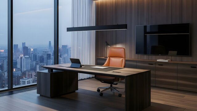 Modern Office Space with City View and Ergonomic Desk Chair
