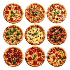 Assortment of pizzas with various toppings on a black background