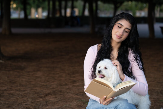 Woman reading book with maltese dog in park