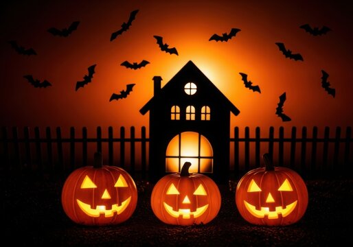 Three carved halloween pumpkins with glowing faces in front of a silhouetted house and fence
