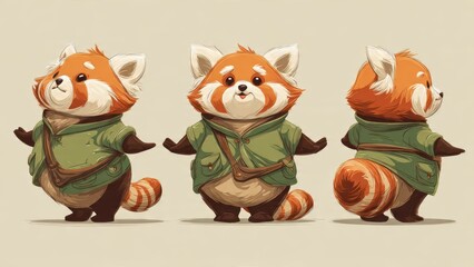 Fototapeta premium Cute red panda cartoon character in green jacket, front and back view, adorable design