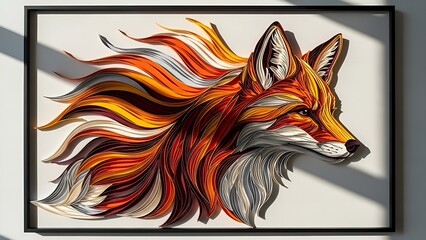 Stunning paper art fox portrait with vibrant flowing colors in a modern black frame for eye-catching wall decor and unique design projects